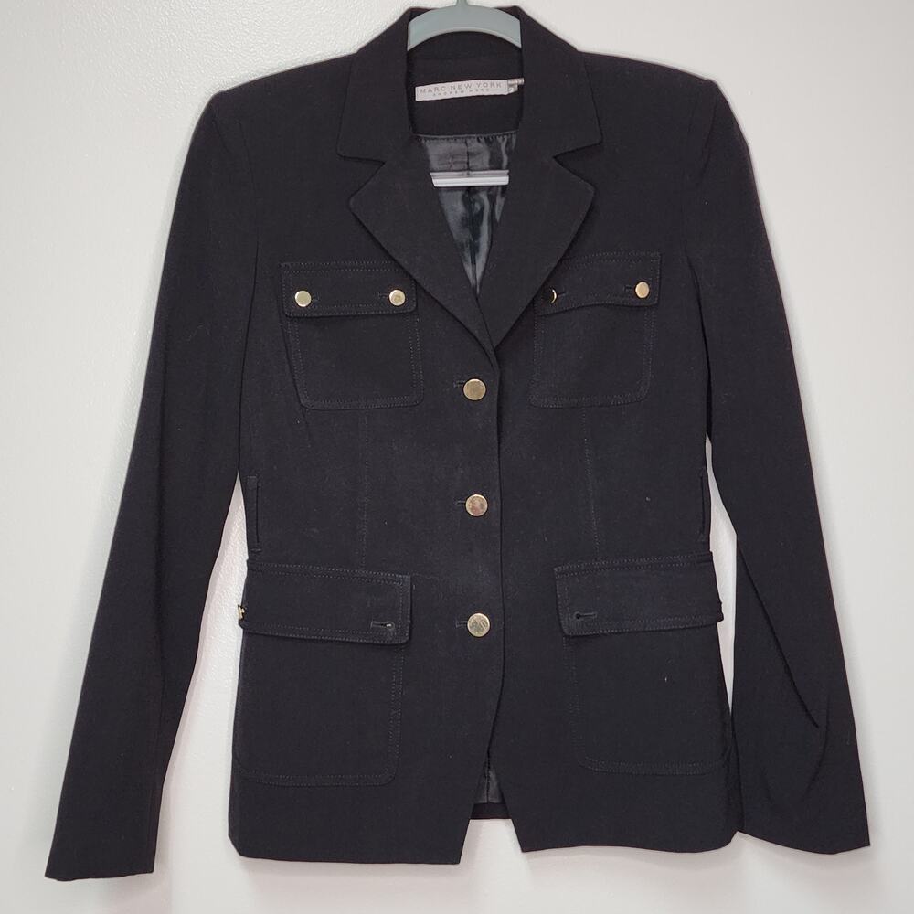 Marc New York Black Blazer Gold Buttons Size 2 missing belt